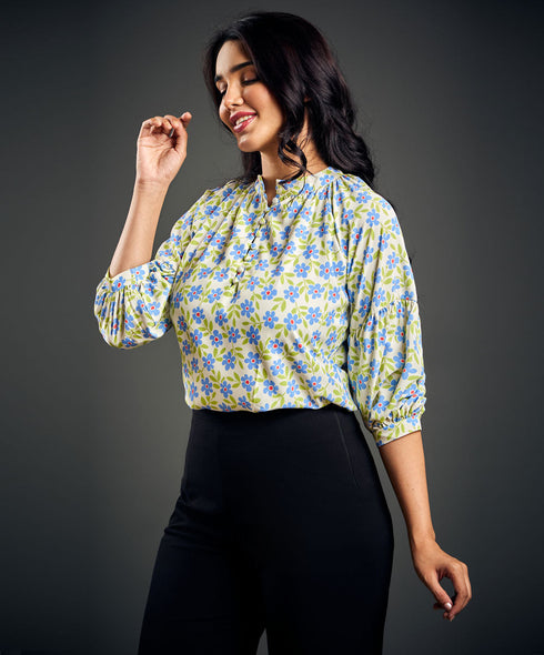 Pastel Floral Printed Front Buttoned Top