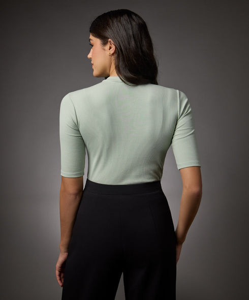 Short Sleeve High Neck Rib Top- Baby Green