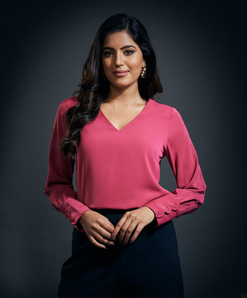 Cuff Scalloped Chiffon Top-Pink