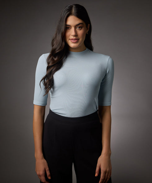 Short Sleeve High Neck Rib Top- Pale Blue