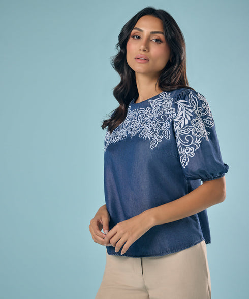 Embroidery And Cut Work Dark Blue Top