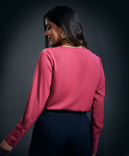 Cuff Scalloped Chiffon Top-Pink