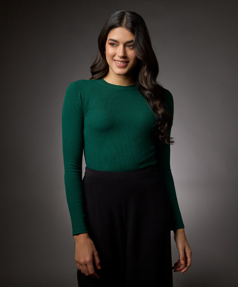 Long Sleeve Round Neck Rib Top- Dark Green