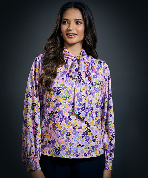 Neck Tie Long Sleeve Pink Satin Top