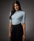 Short Sleeve High Neck Rib Top- Pale Blue