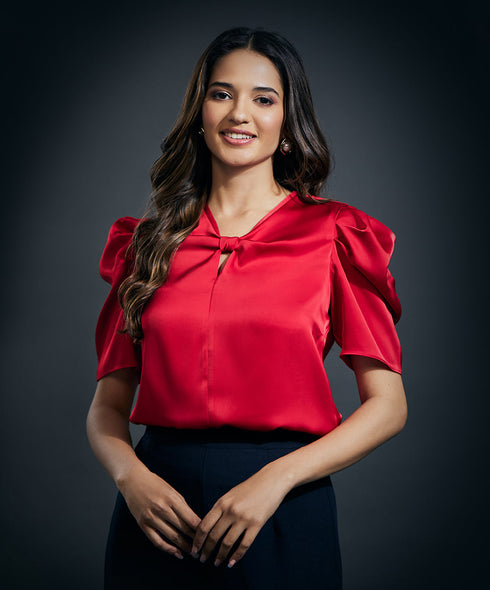 Front Bow Attached Pink Satin Top-Red