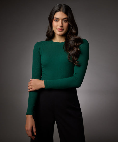 Long Sleeve Round Neck Rib Top- Dark Green