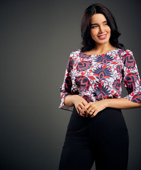 Floral Scoop Neck Sleeve Flared Top