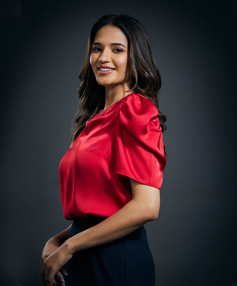 Front Bow Attached Pink Satin Top-Red