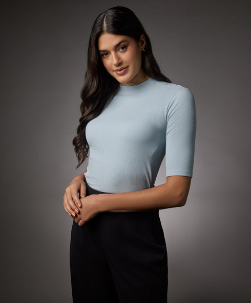 Short Sleeve High Neck Rib Top- Pale Blue