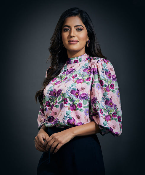 Puffed Long Sleeve Satin Top