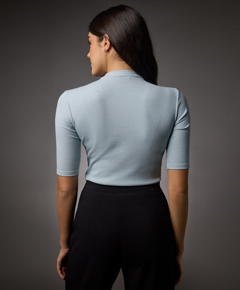 Short Sleeve High Neck Rib Top- Pale Blue