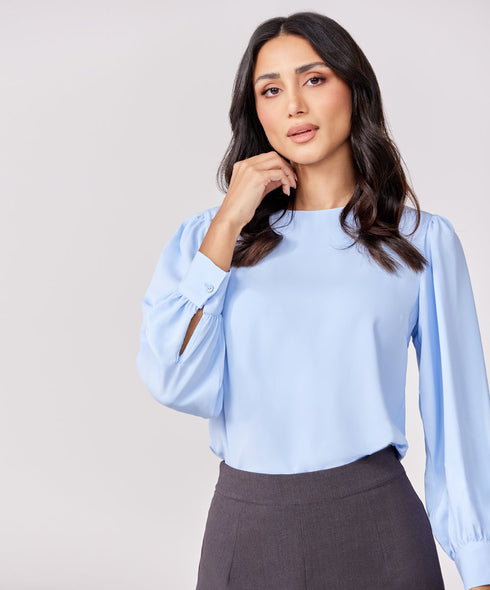 Satin Long Blue Sleeve Top