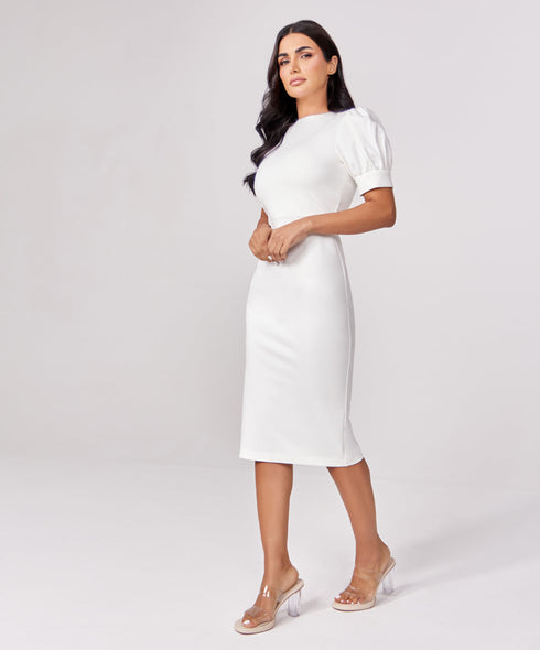 Sleeve Detailed White Bodycon Dress