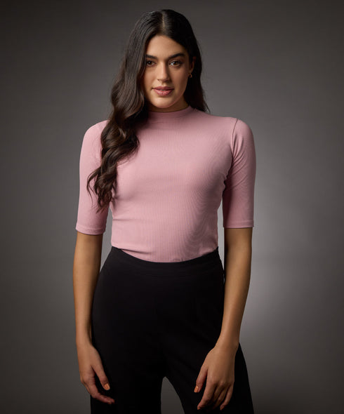 Short Sleeve High Neck Rib Top- Salmon Pink