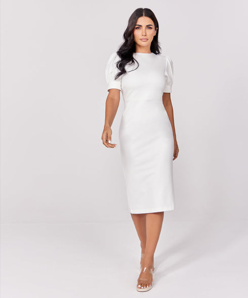 Sleeve Detailed White Bodycon Dress