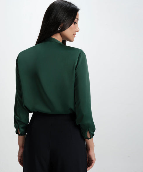 Long Sleeve Trim Attached Green Satin Top