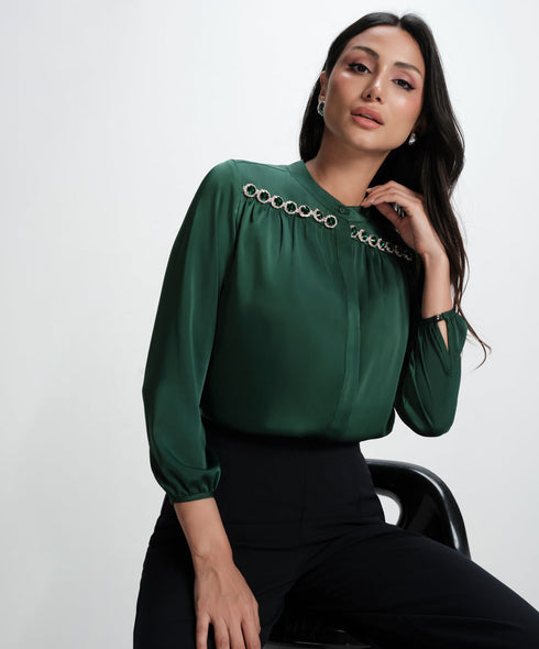Long Sleeve Trim Attached Green Satin Top