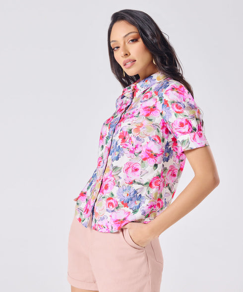 Short Sleeve Classic Collar Pink Printed Top