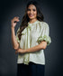 Sleeve Frilled Satin Half Sleeve Top-Green