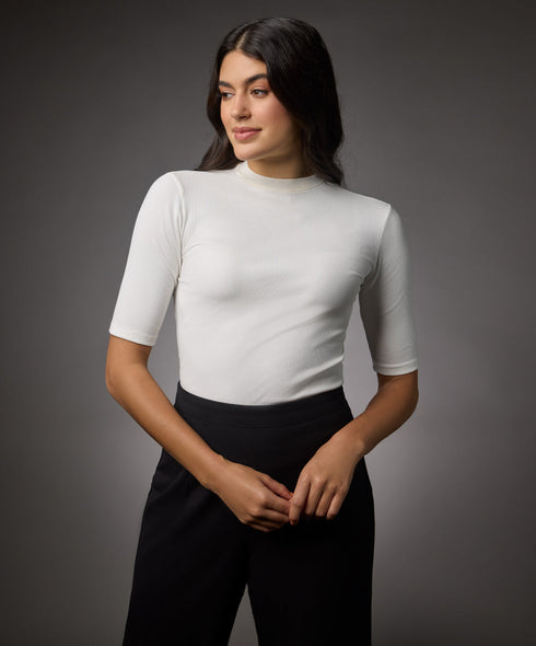 Short Sleeve High Neck Rib Top- Off White