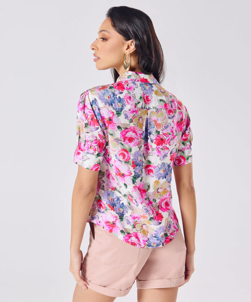 Short Sleeve Classic Collar Pink Printed Top