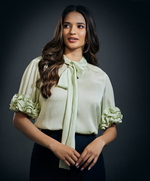Sleeve Frilled Satin Half Sleeve Top-Green