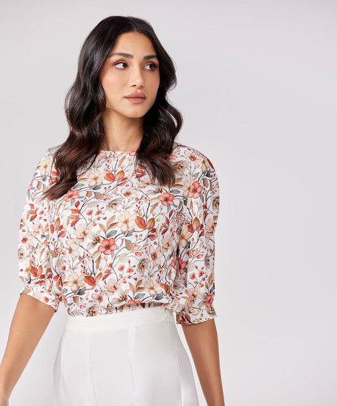 Half Puffed Sleeve Round Neck Printed Top