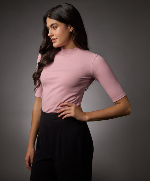 Short Sleeve High Neck Rib Top- Salmon Pink