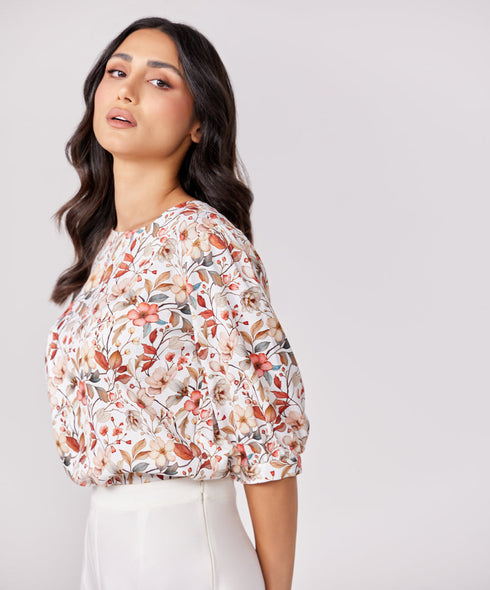Half Puffed Sleeve Round Neck Printed Top