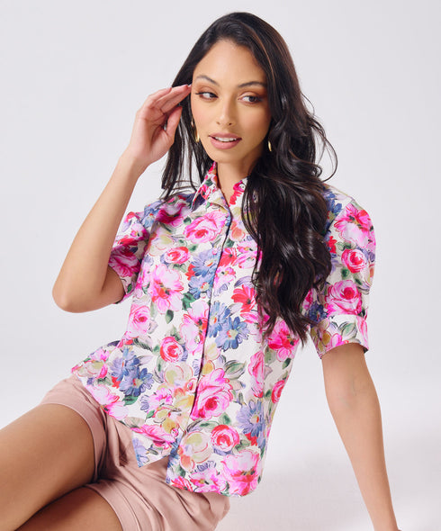 Short Sleeve Classic Collar Pink Printed Top