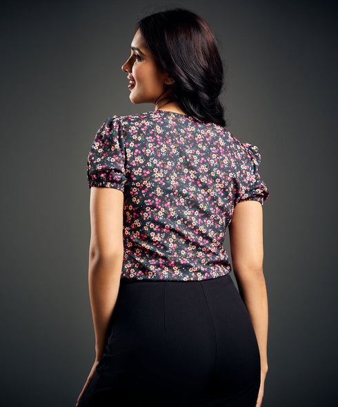 Vneck Sleeve Elasticated Printed Top