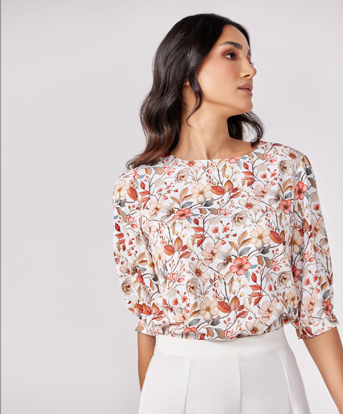Half Puffed Sleeve Round Neck Printed Top