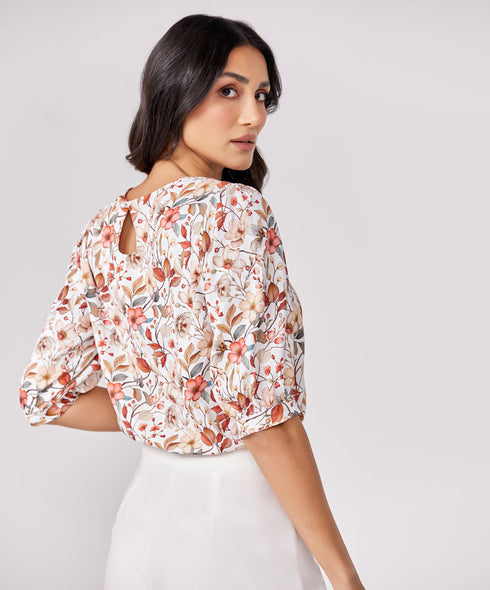 Half Puffed Sleeve Round Neck Printed Top