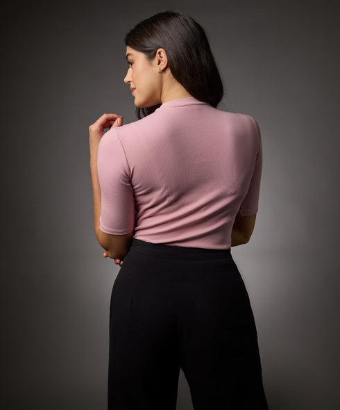 Short Sleeve High Neck Rib Top- Salmon Pink