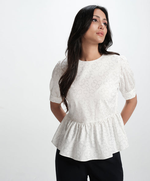 White Cotton Formal Peplum Top