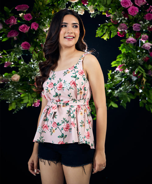 Waist Tie Chiffon Peplum Pink Top