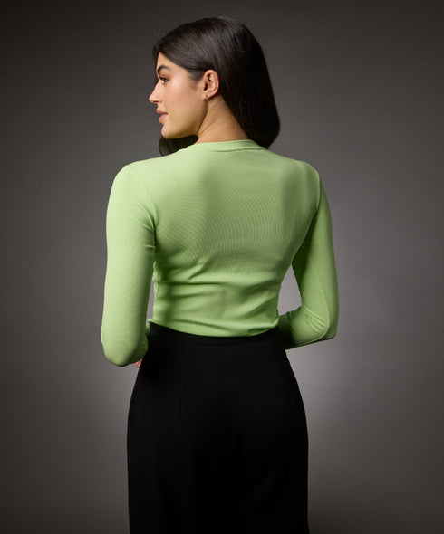 Long Sleeve Round Neck Rib Top- Electric Green