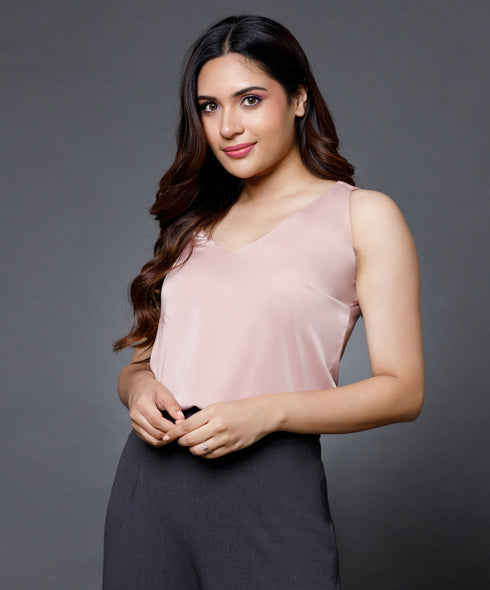 Sleeveless Vneck Satin Top -Beige