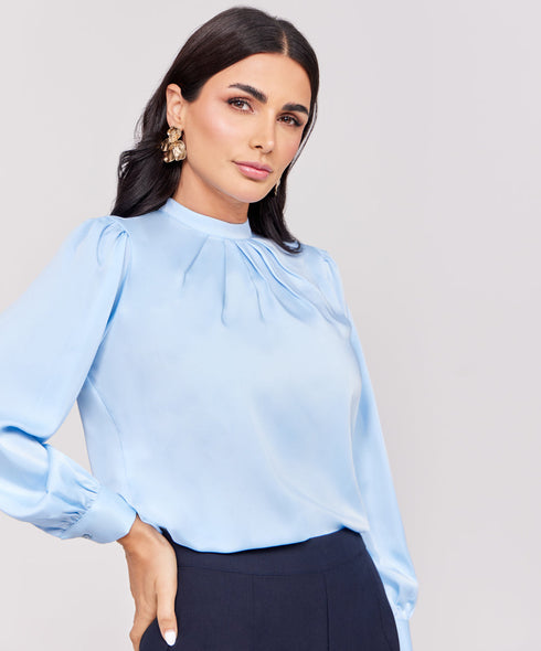 Satin Pleated Blue Long Sleeve Top