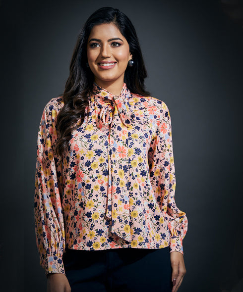 Neck Tie Long Sleeve Satin Top