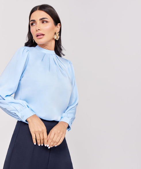 Satin Pleated Blue Long Sleeve Top
