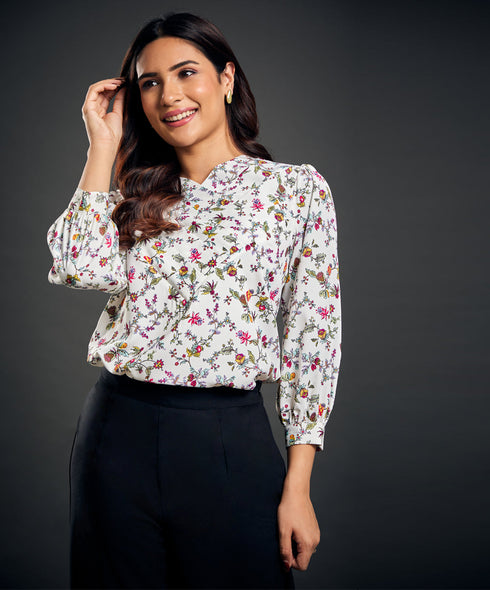 Side Pleated Printed Chiffon Top