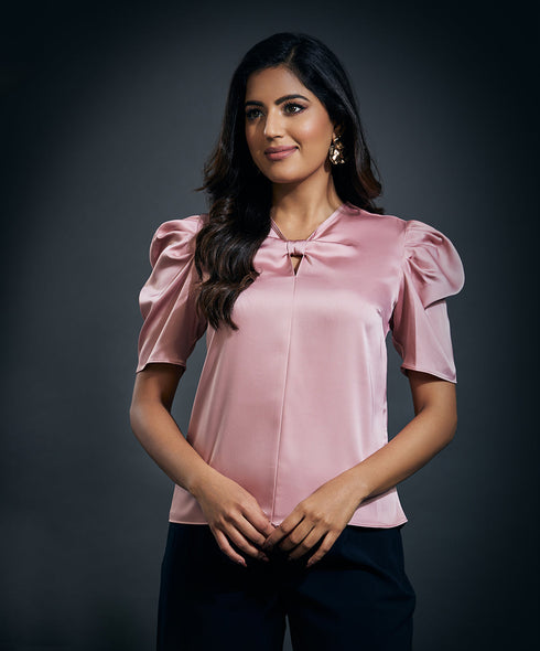 Front Bow Attached Pink Satin Top- Pink