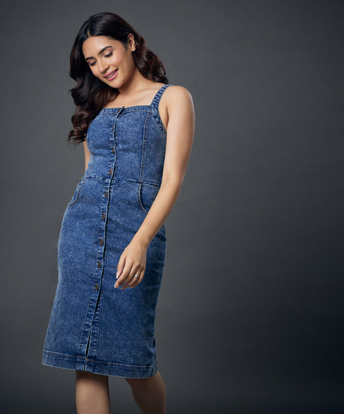 Front Buttoned Pinafore Denim Dress