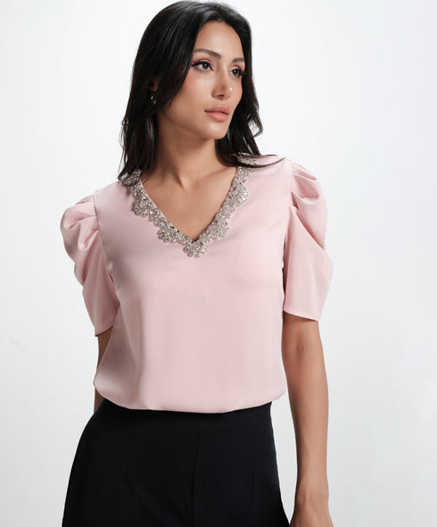 Vneck Sleeve Gathered Glamorous Satin Top