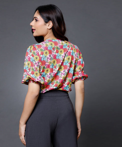 Scoop Neck Pleated Long Sleeve Chiffon Top