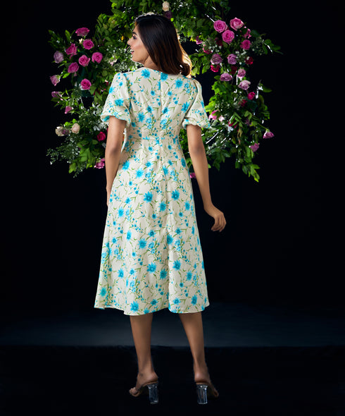 Baloon Sleeve Printed Midi Summer Dress