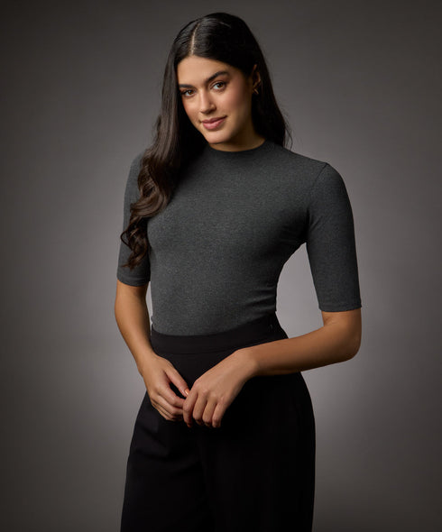 Short Sleeve High Neck Rib Top- Dark Grey