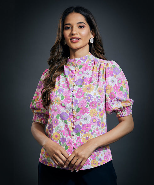 High Neck Three Quarter Sleeve Printed Formal Top